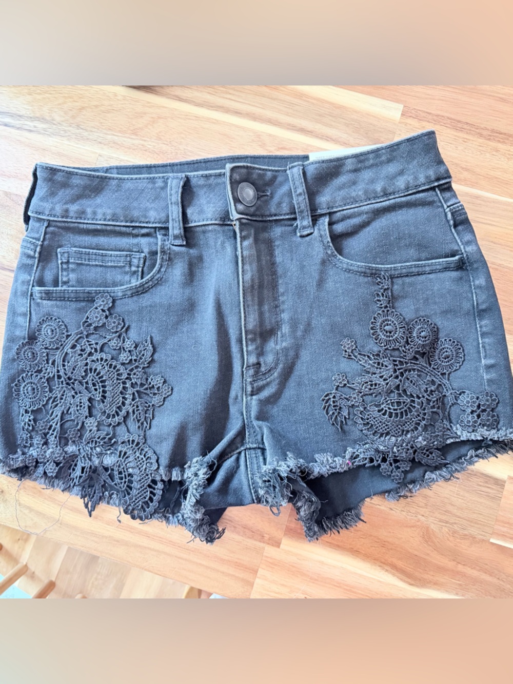 American Eagle Outfitters Black Denim Jean Shorts with Crochet Lace Trim
